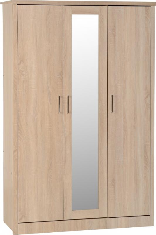 Lisbon Light Oak 3 Door Mirrored Flat Pack Wardrobe Flatpack2go